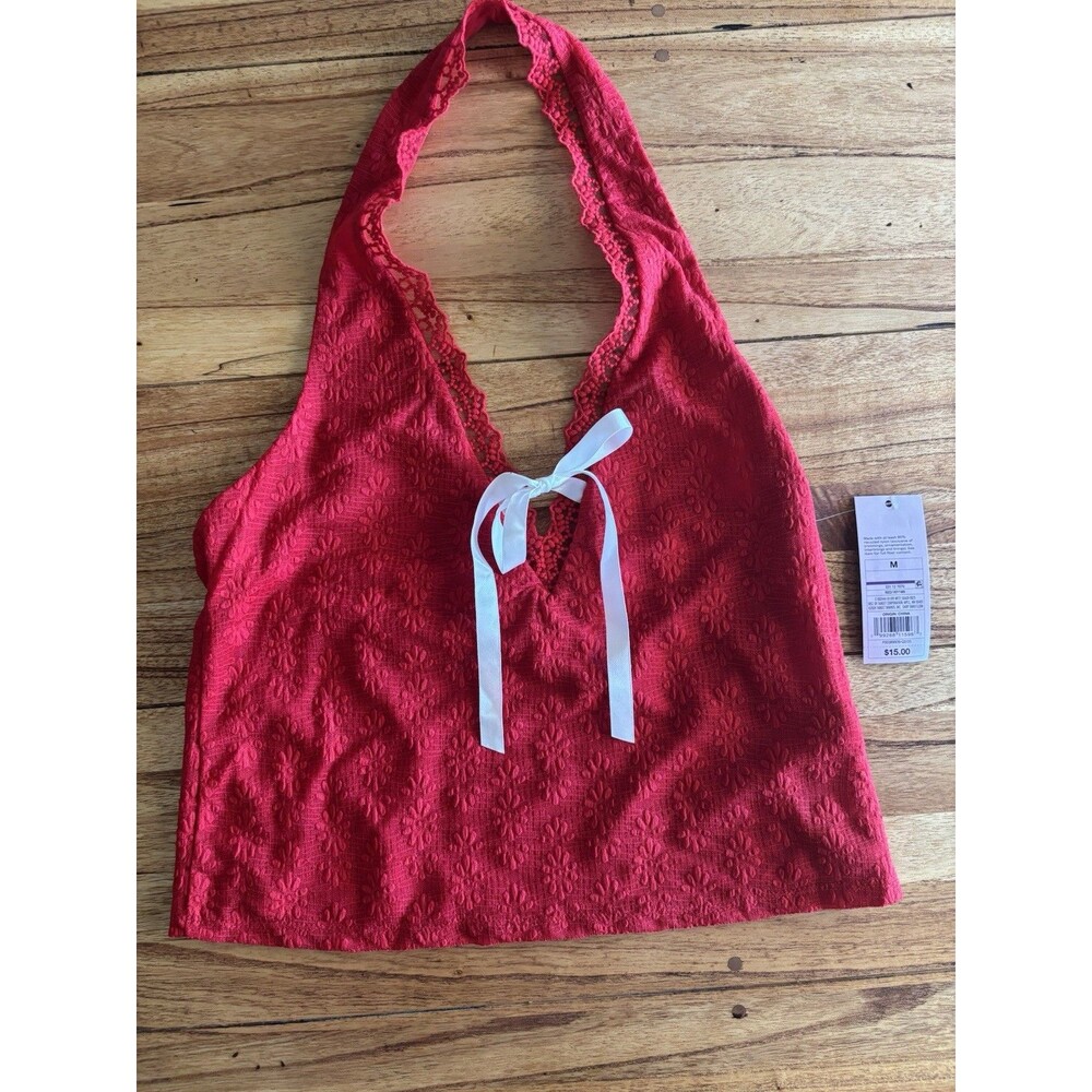Red Floral Lace Halter Top White Bow V-Neck Cropped Tank Medium Wild Fable NWT